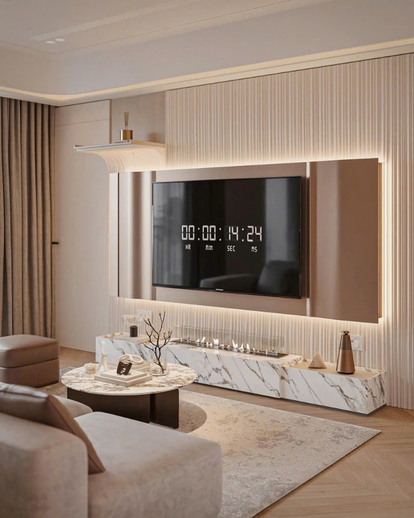 Mẫu phòng khách hiện đại với vách TV ốp gỗ sang trọng